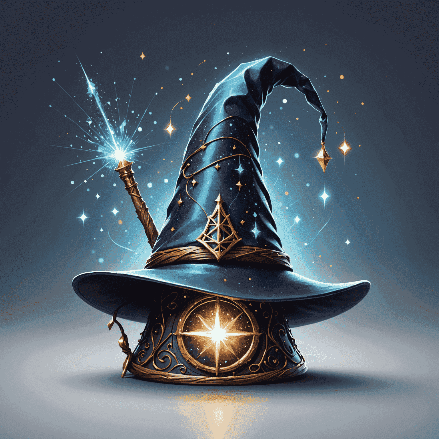 Merlin Web Development Studio Logo - A stylized wizard hat with a wand creating digital sparkles