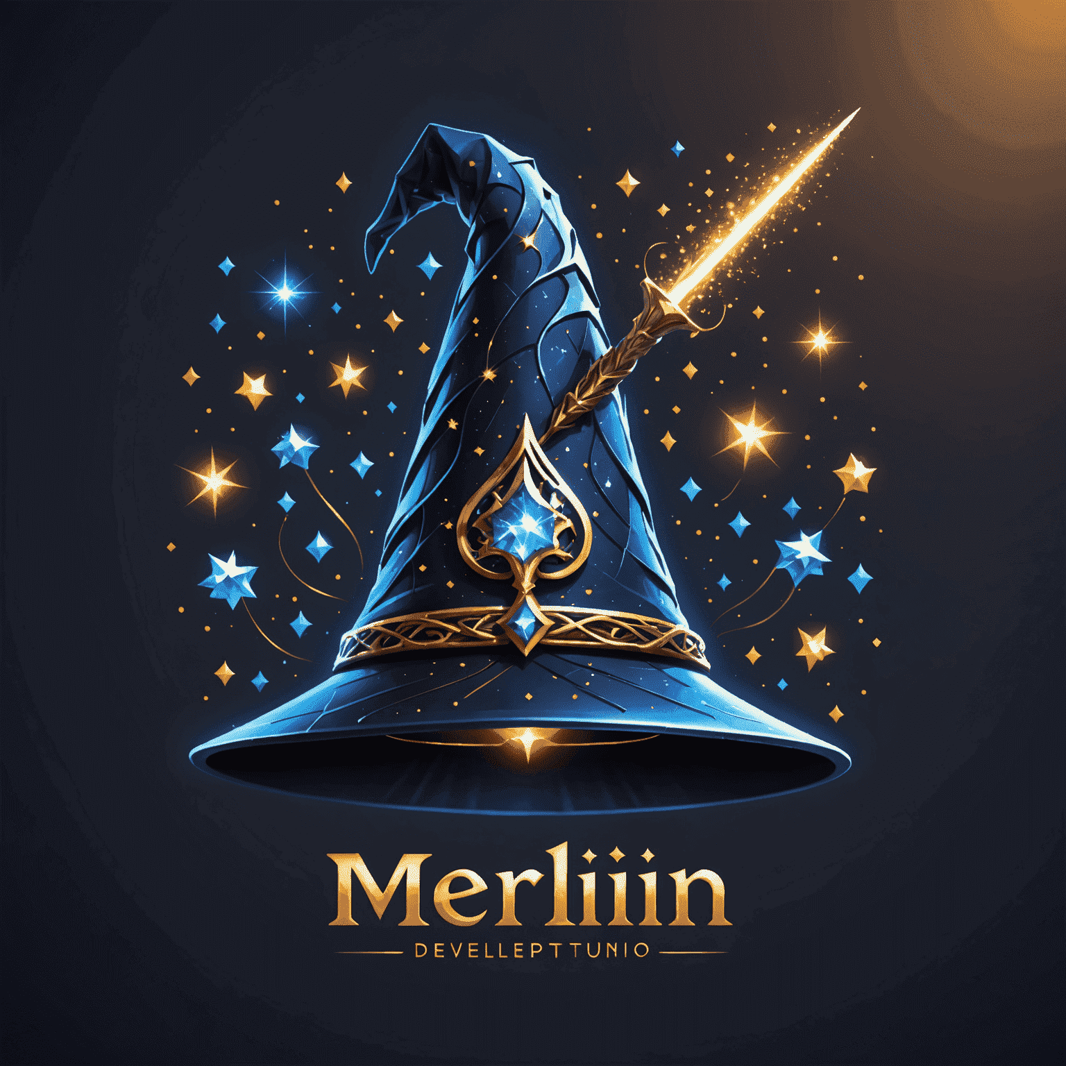 Merlin Web Development Studio Logo - A stylized wizard hat with a wand creating digital sparkles