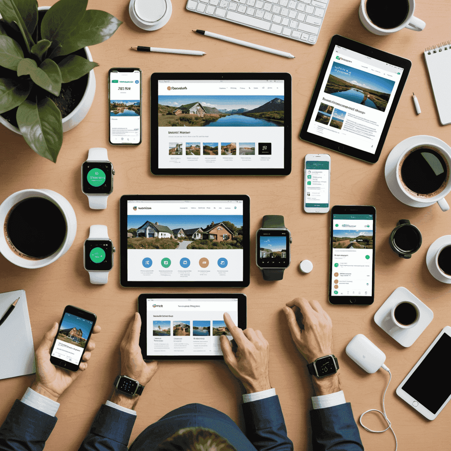 A collage showing various devices with responsive web designs, including smartwatches, tablets, and large desktop screens