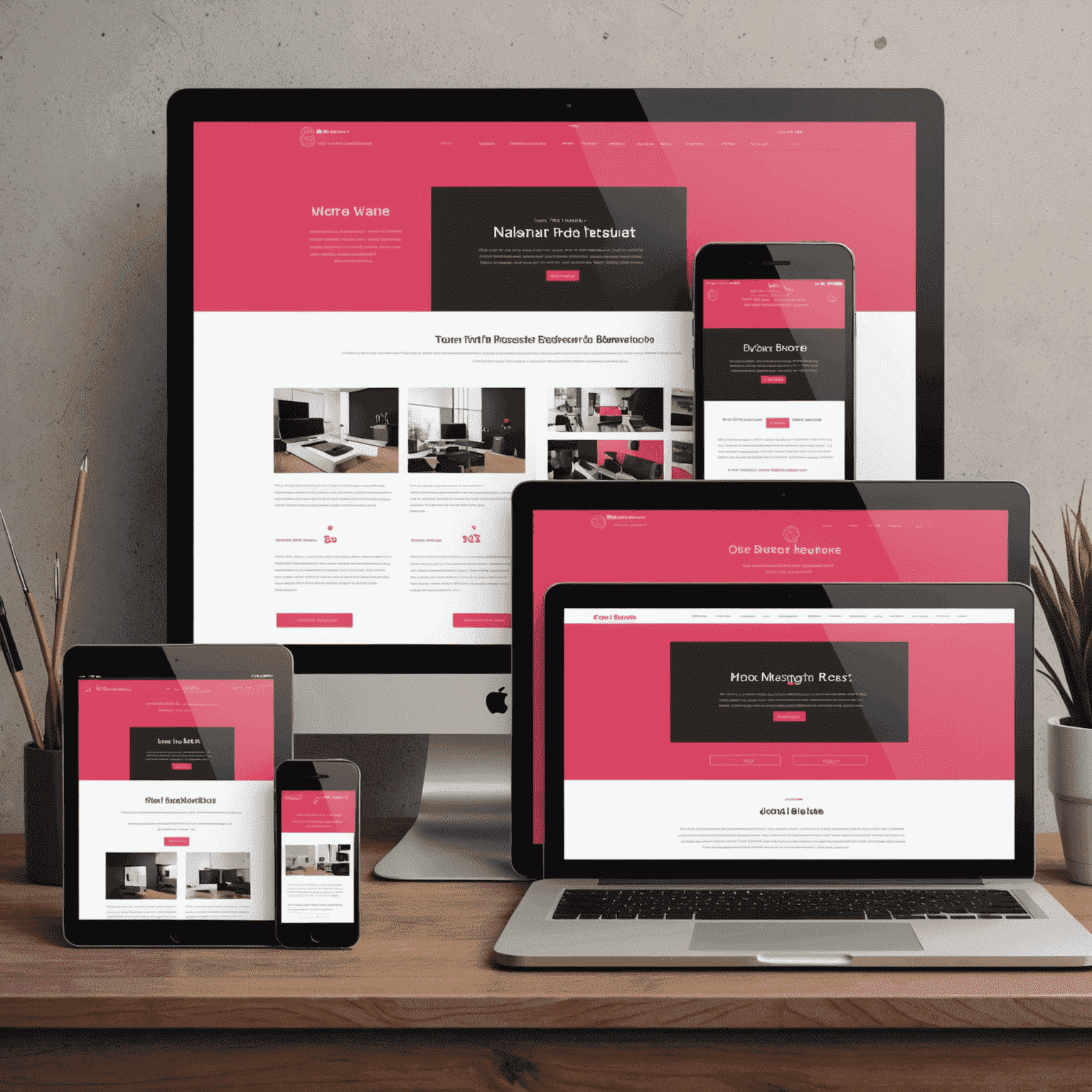 A modern and sleek website design mockup showcasing responsive layouts on desktop, tablet, and mobile devices. The design features a bold color scheme with red, pink, black, and white elements.