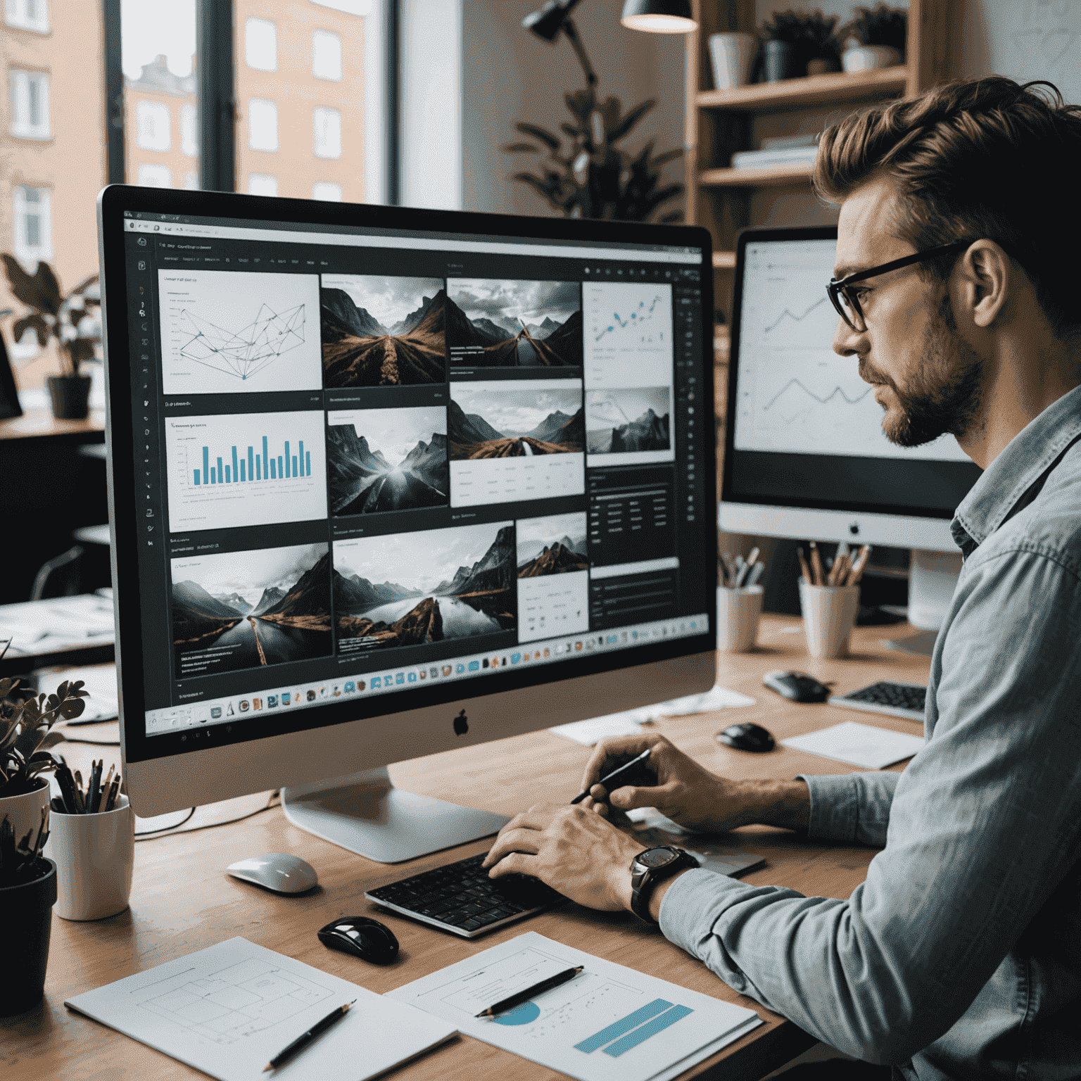 A designer working on a UI/UX project, showcasing wireframes and prototypes on a large screen. The image conveys a modern, creative workspace with design tools and mood boards visible.
