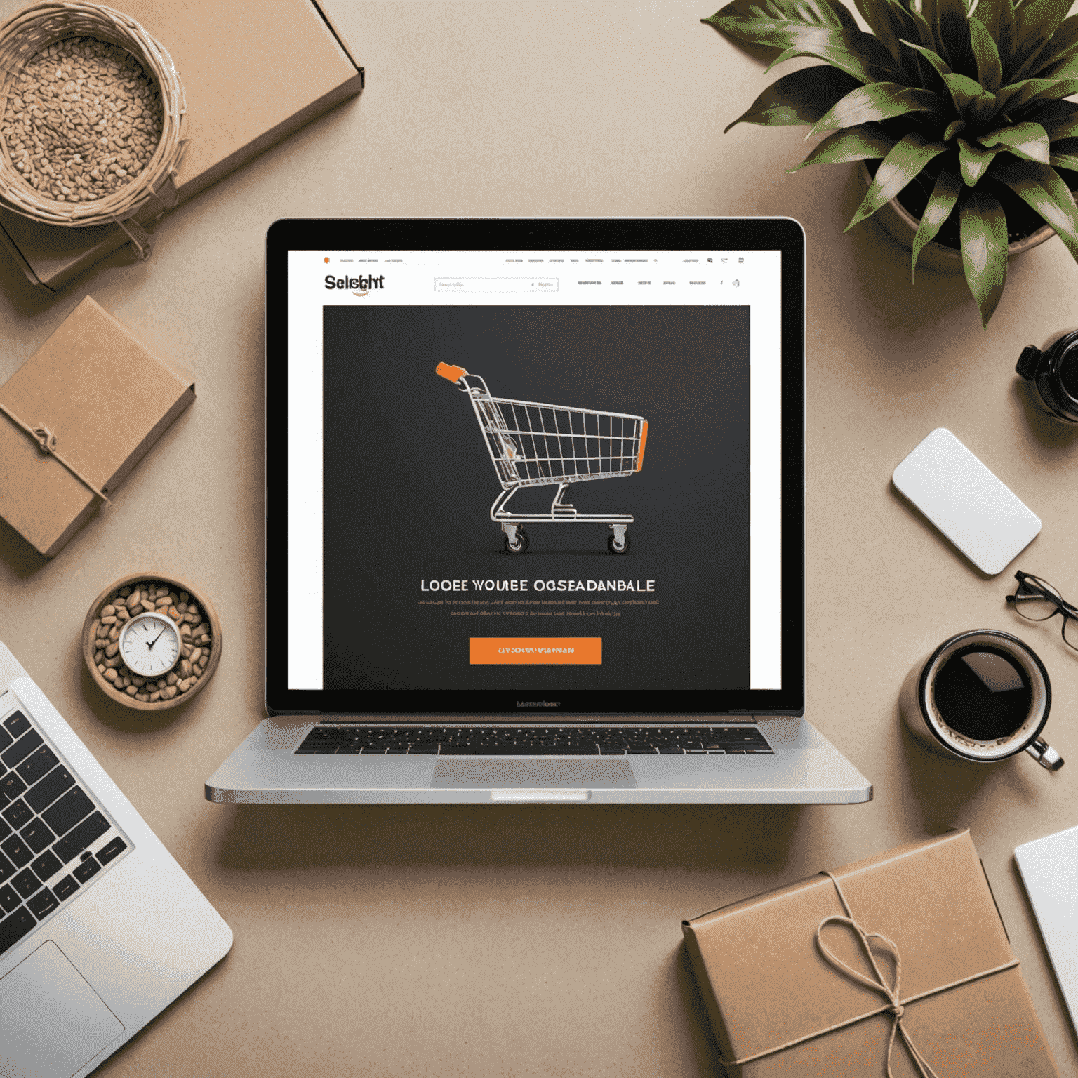 A modern e-commerce website mockup showcasing various products on a sleek, responsive design with a shopping cart icon and search functionality