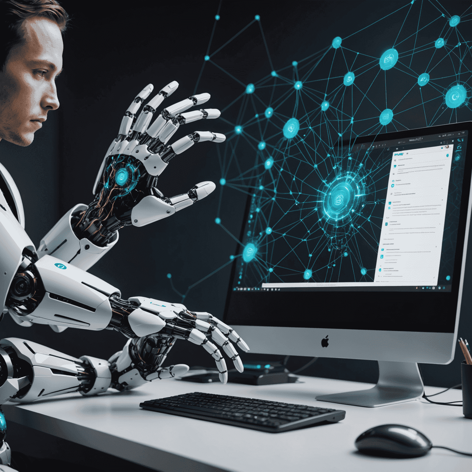 Futuristic representation of AI in web development, showing interconnected nodes, code snippets, and a robotic hand interacting with a computer screen