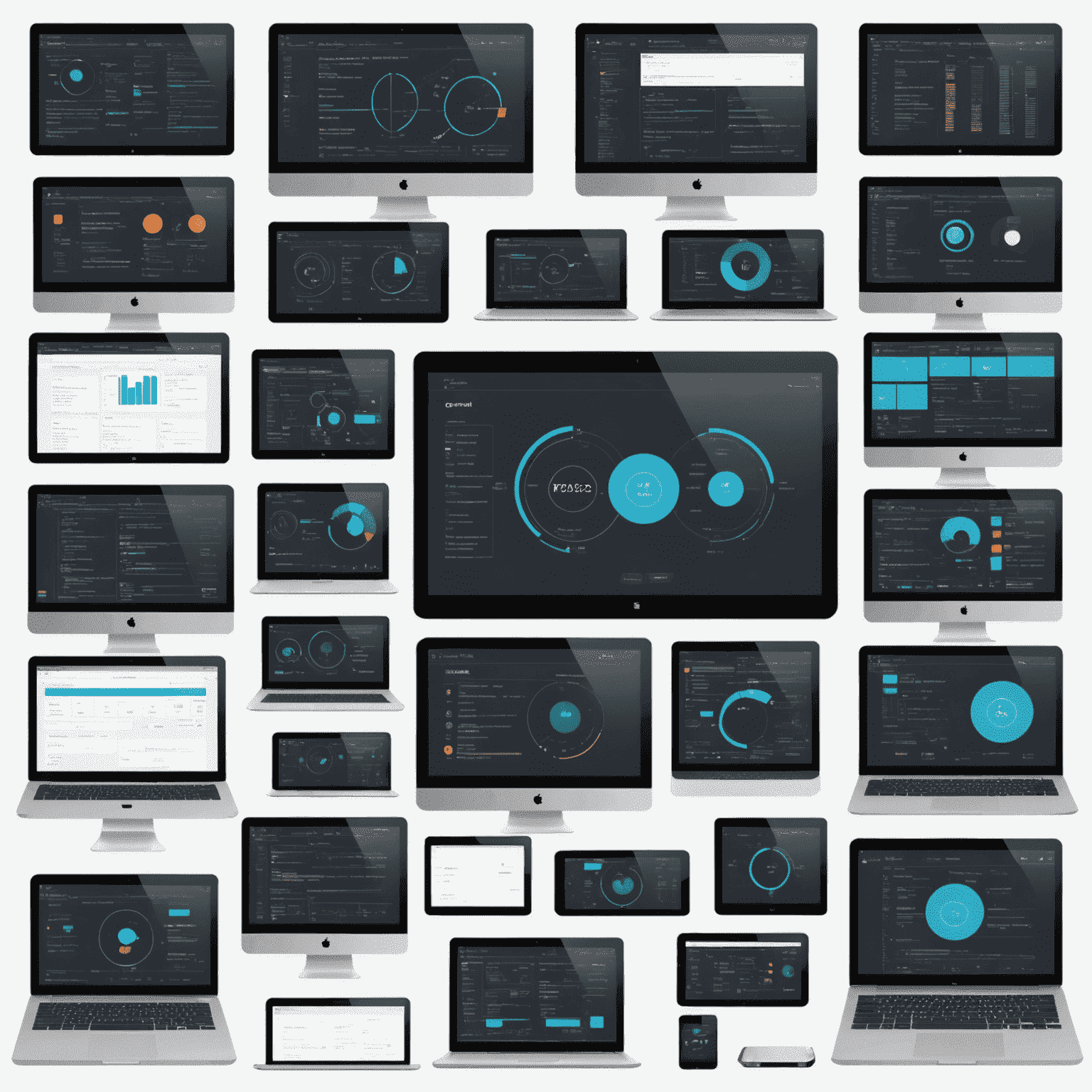 A collage of various web application interfaces and coding screens