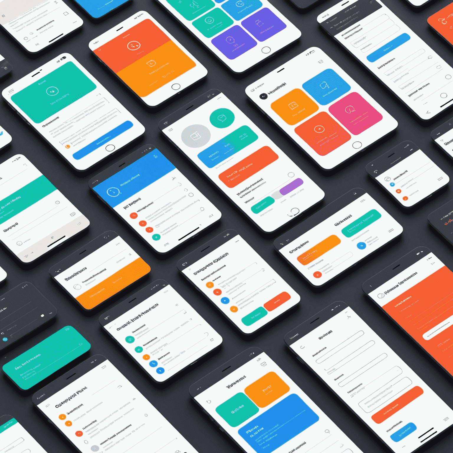 A collection of wireframes, user flow diagrams, and colorful UI elements